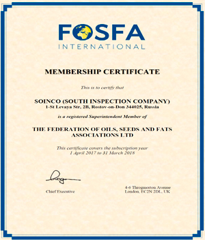 Certificate of effective membership in the international association FOSFA